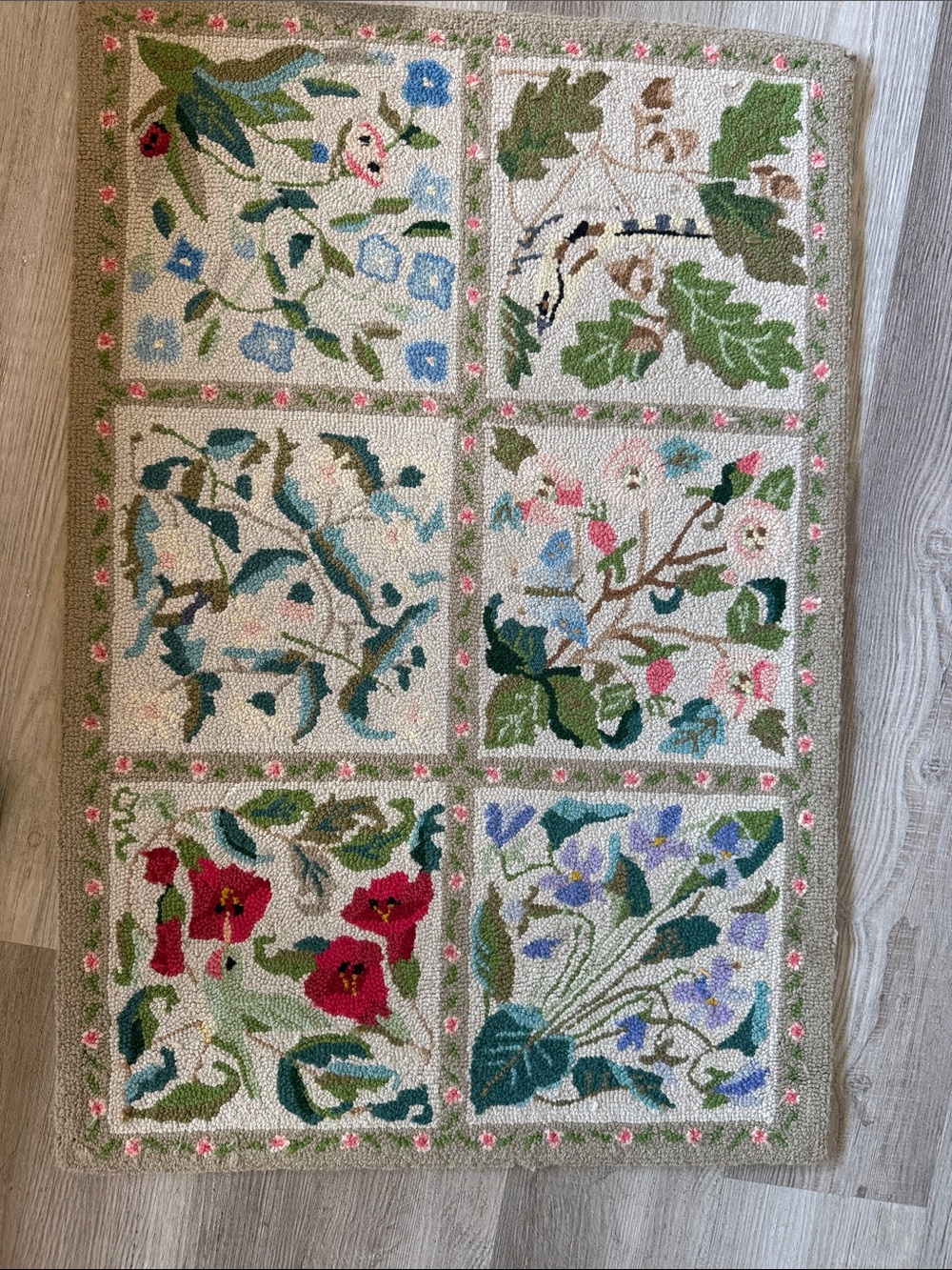 Floral Patchwork Hooked Rug - Cream Background with Multicolor Blooms